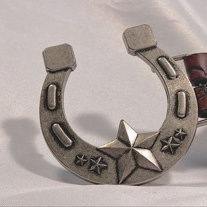 Genuine Leather Belt w/ Skulls and Interchangeable Horseshoe Buckle w/ Stars